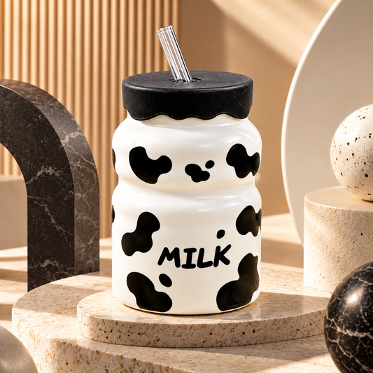 Cow Charm Milk Bottle Mug with Lid and Straw
