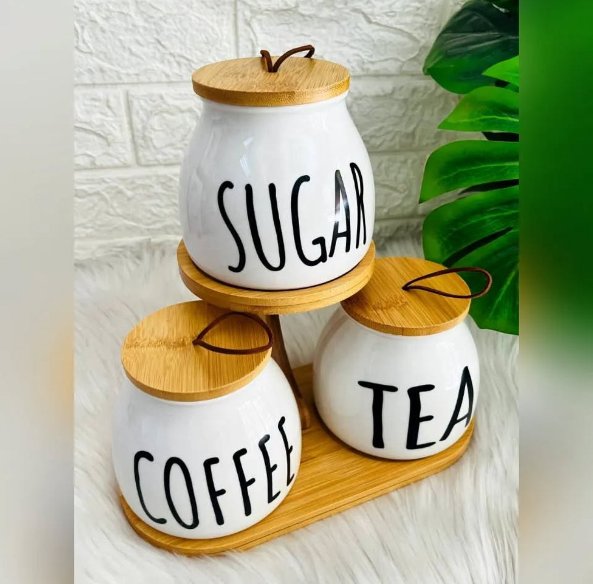 3pcs Round Airlock Tea Coffee & Sugar Jars With Wood Stand