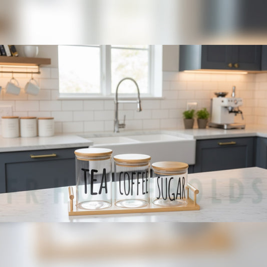 3pcs Airtight Round Glass Jars Set for Tea, Coffee & Sugar with Bamboo Lids and Stand - 1000g Jar | 1000g - 750g & 500g