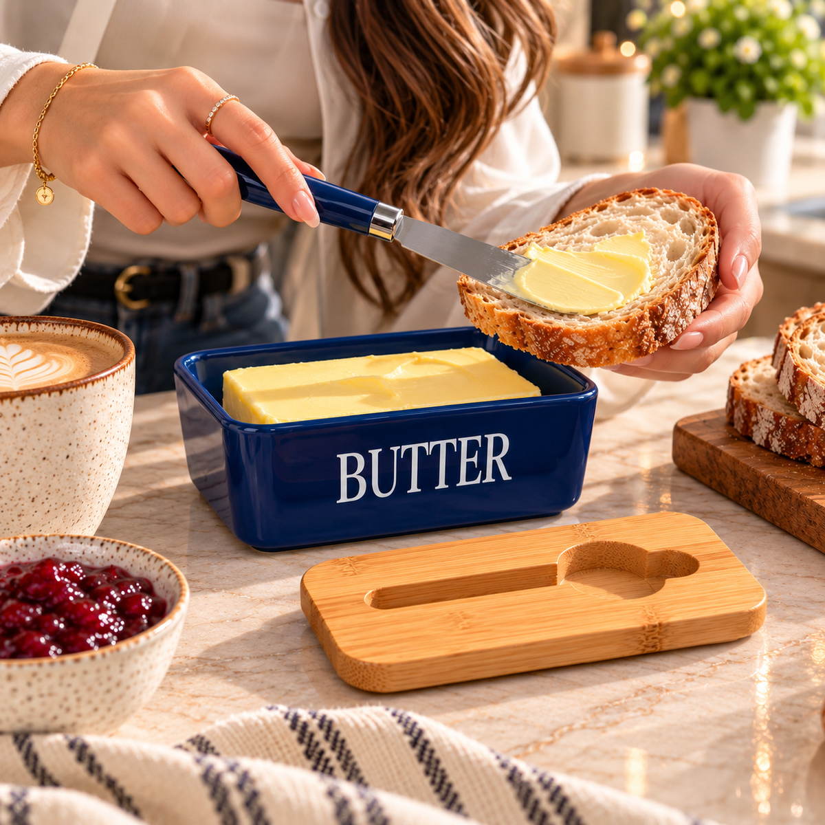 Ceramic Butter Dish with Wooden Lid and Butter Knife