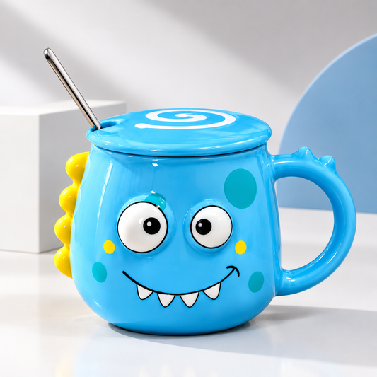 Cute Monster Ceramic Mug with Lid and Spoon Set