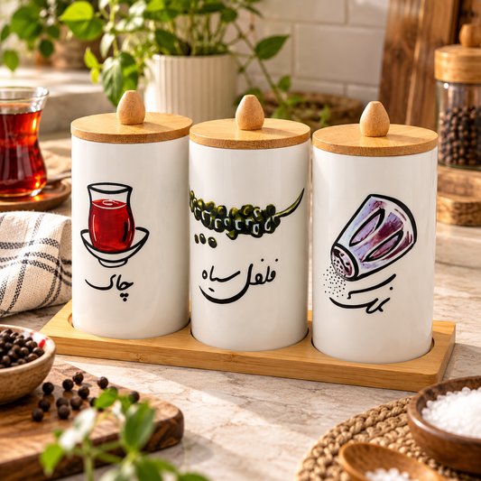3-Piece Ceramic Kitchen Canister Set with Wooden Tray & Knob Lids