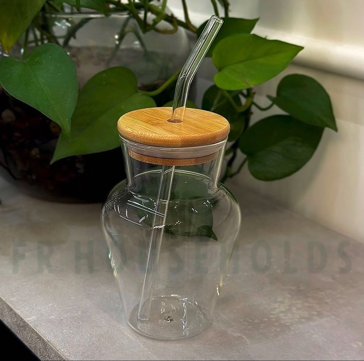 Ribbed And Plain Transparent Drinking Glass Tumbler with Bamboo Lid And Glass Straw | 450ml