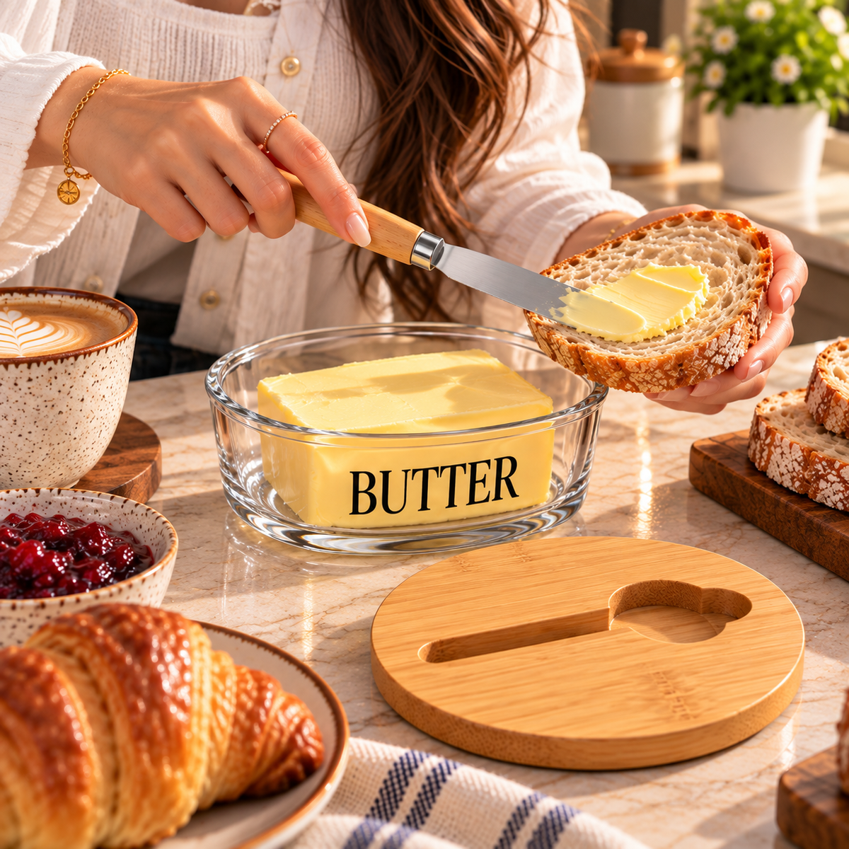 Glass Butter Dish with Bamboo Lid & Knife – Round Design