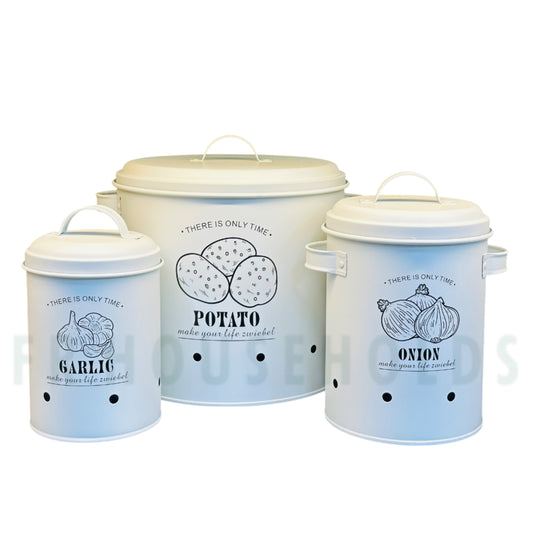 3-Piece Tin Storage Bucket Set for Potatoes, Onions, and Garlic