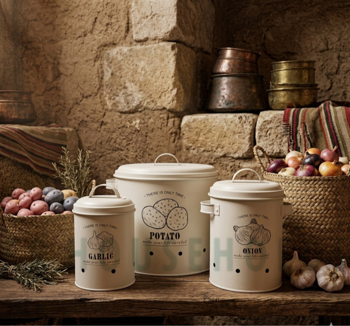 3-Piece Tin Storage Bucket Set for Potatoes, Onions, and Garlic | White