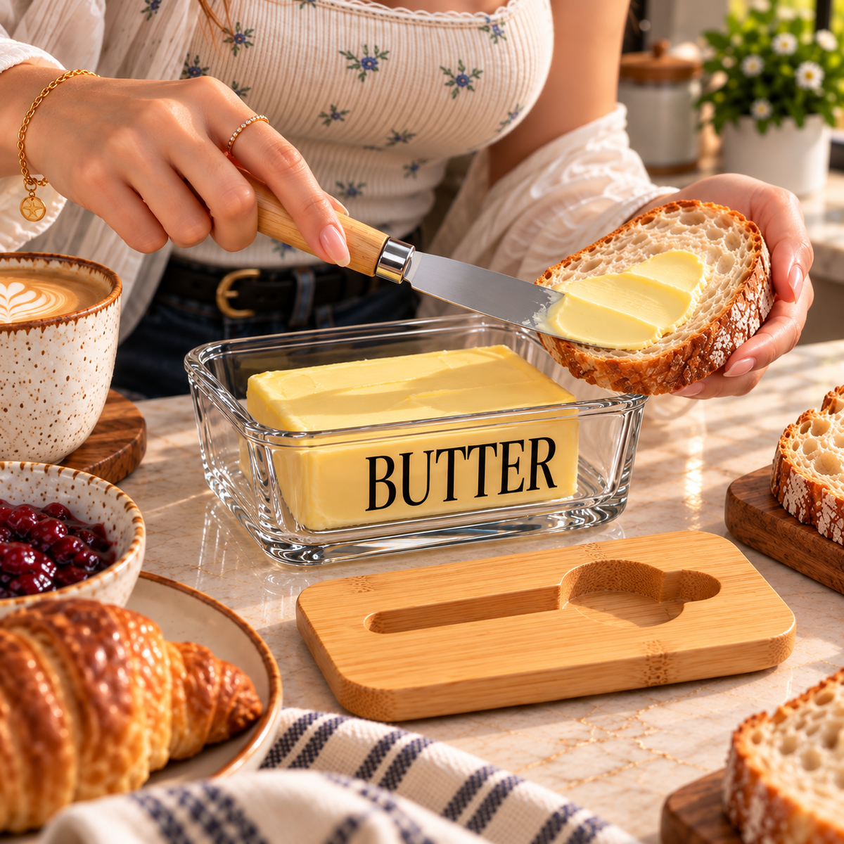 Glass Butter Dish with Wooden Lid and Knife – Rectangle Design