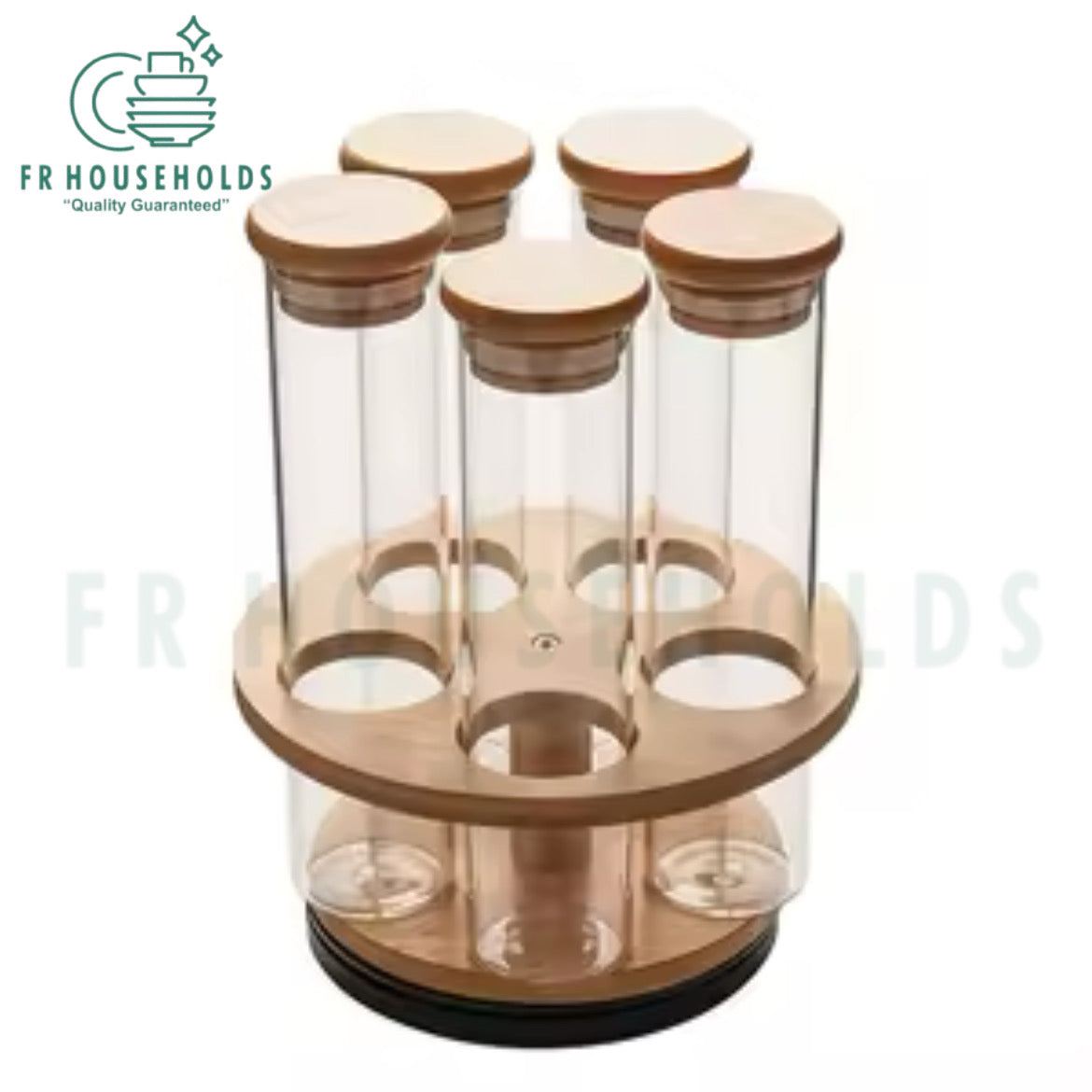 Cylinder Shape Glass Jars Condiments Organiser Stand | 5 Airlock Jars - 1 Wooden Stand