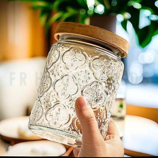 Vintage Pattern Glass Airlock Jar with Wooden Lid - 750ml - 24OZ | Round