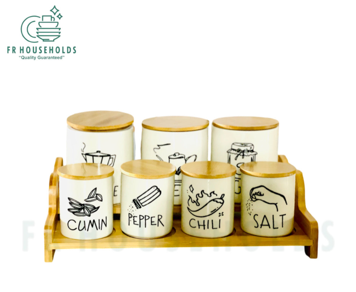 7pcs Condiments Storage Airlock Ceramic Jars With Wooden Stand