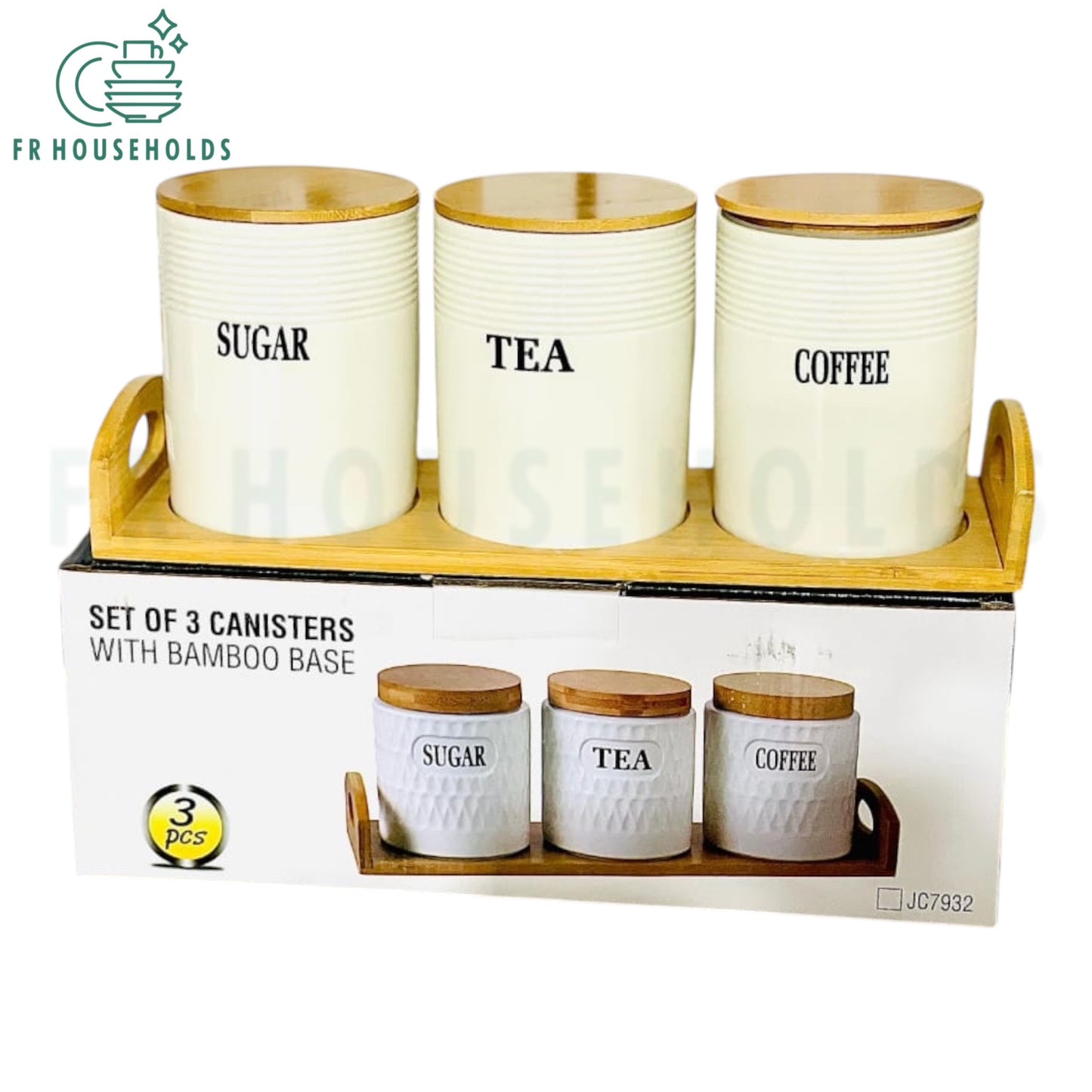 3-Piece Porcelain Airtight Jar Set with Real Bamboo Wood Stand
