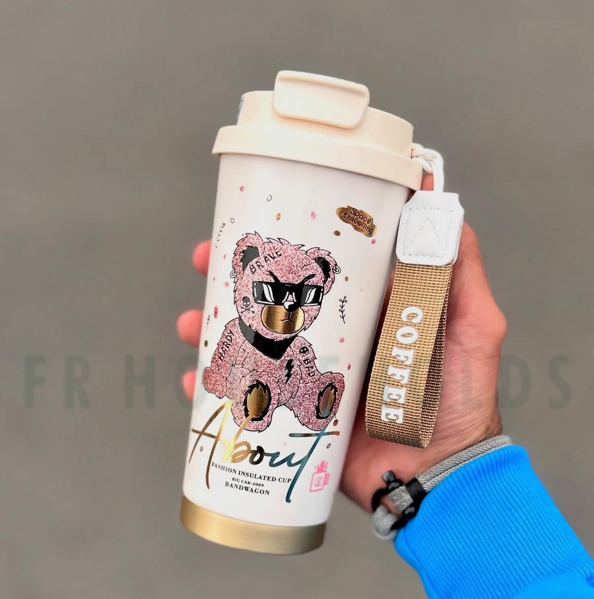 Hardy Fashion Insulated Coffee Tumbler with Infuser Tube & Inner Ceramic Liner - 520ml (Pink Bear)