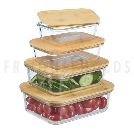 Rectangular Glass Storage Box Set with Organic Bamboo Lids – 1500ml, 1040ml, 630ml & 370ml (Set of 4)