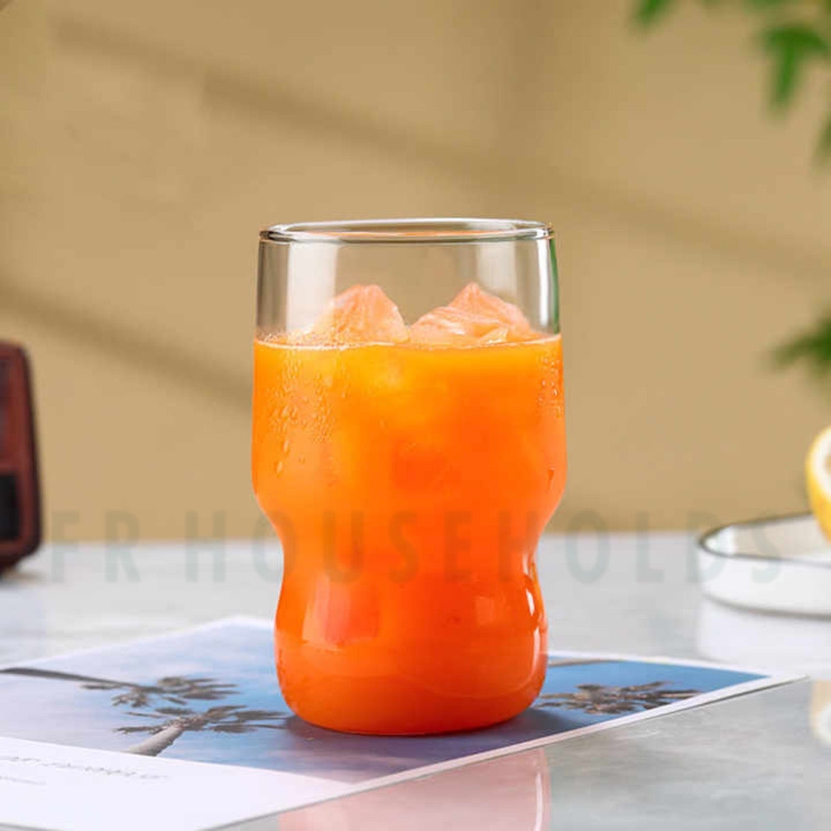 Ribbed And Plain Transparent Drinking Glass Tumbler with Bamboo Lid And Glass Straw | 400ml