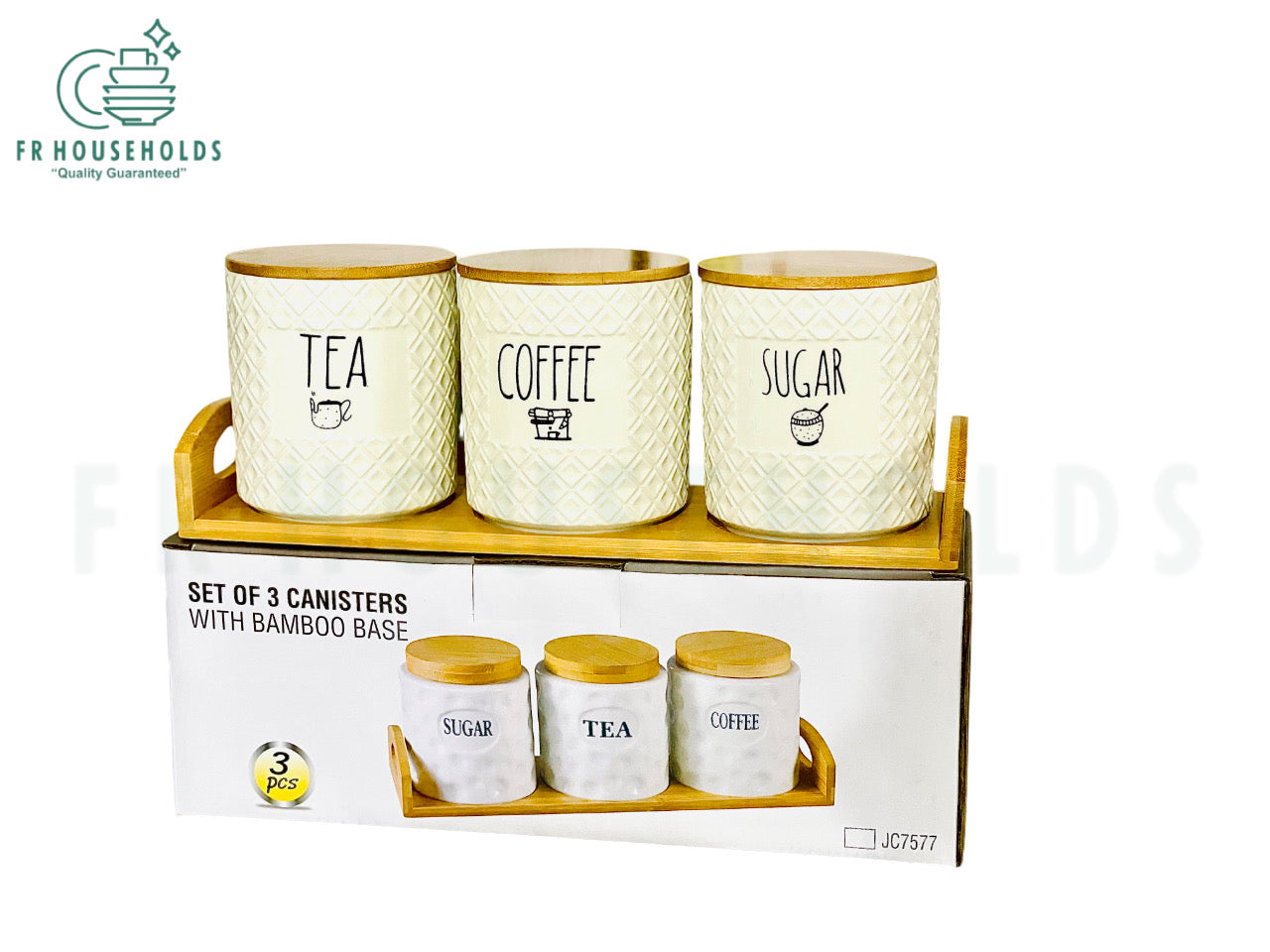 3-Piece Self Texture Airlock Tea Coffee & Sugar Jars With Wood Stand