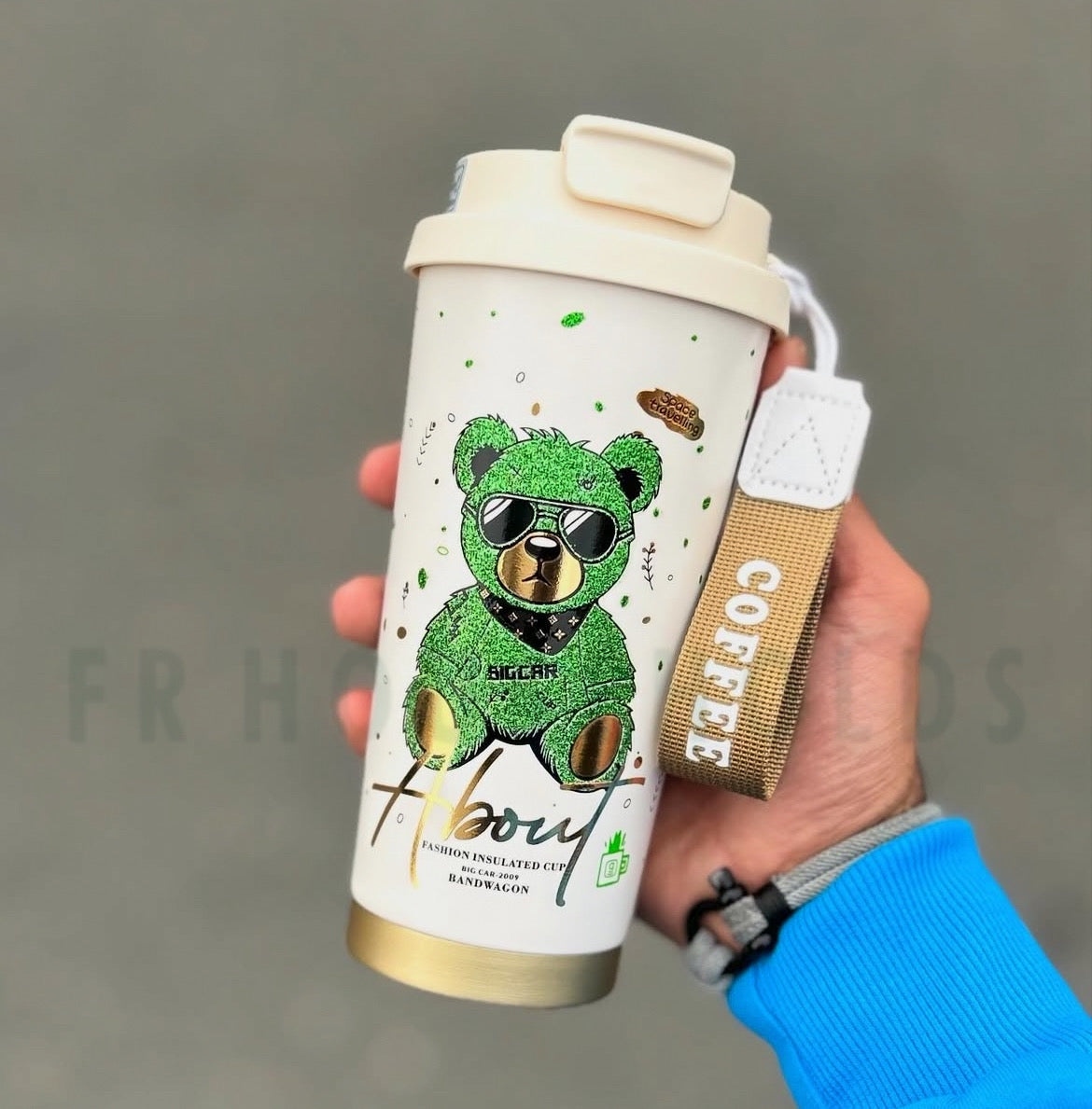 Hardy Fashion Insulated Coffee Tumbler with Infuser Tube & Inner Ceramic Liner - 520ml (Green Bear)