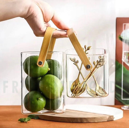 Premium Quality Multipurpose Glass Bucket with Wooden Handle | 350ml - 750ml - 1000ml | Square