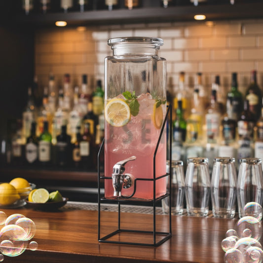 Beverage Dispenser with Metallic Stand | Glass Drink Dispenser for Juice, Water, Lemonade, Iced Tea & Cocktails