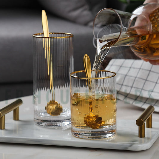 Ribbed Gold Rim Crystal Glass Set - 450ml - 6PC