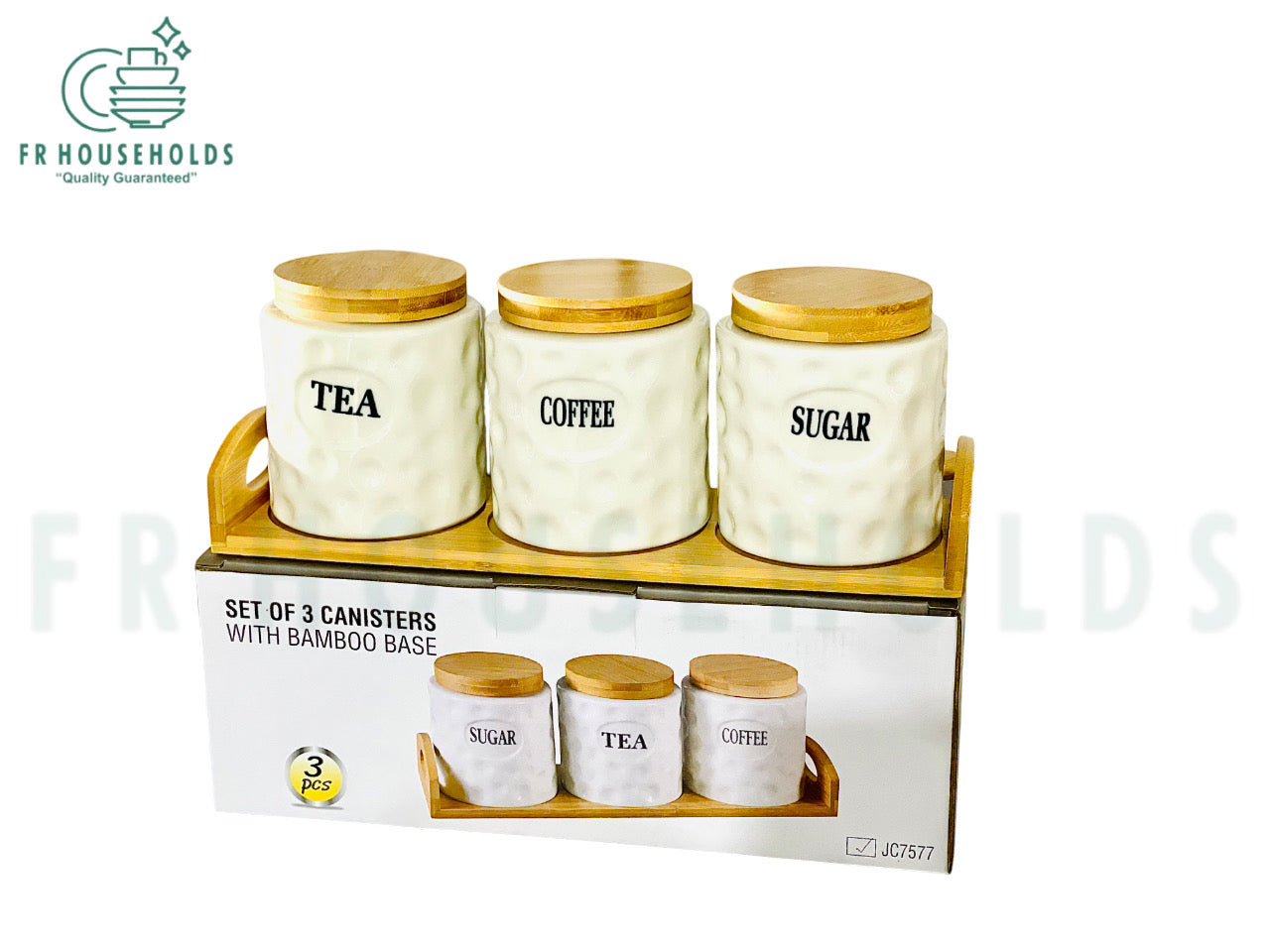 3- Piece Self Texture Airlock Tea Coffee & Sugar Jars With Wood Stand