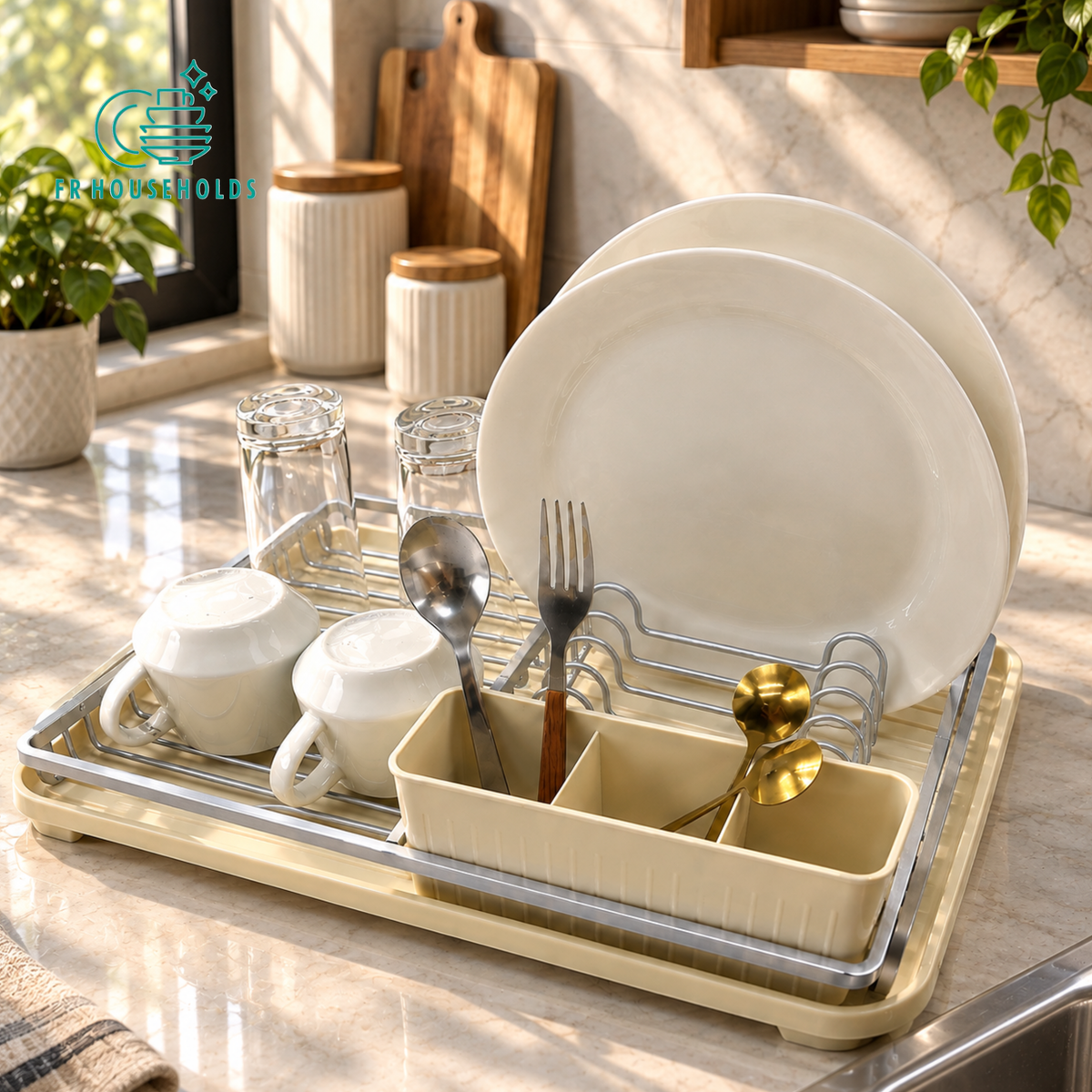 Single-Tier Compact Aluminium Dish Drying Rack with Cutlery Holder & Drip Tray