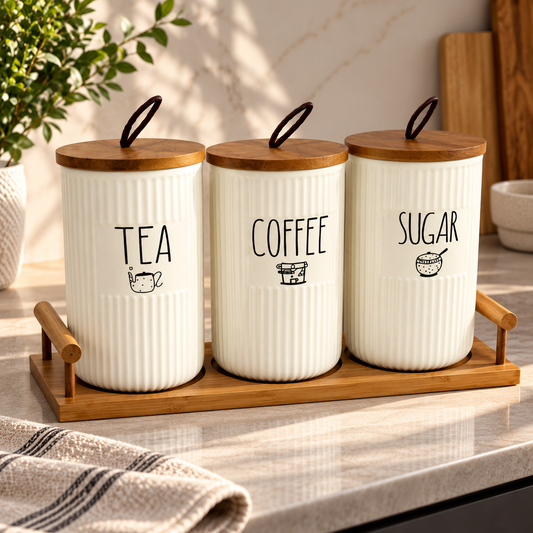 Ceramic tea coffee sugar canister set with wooden lids and wooden tray