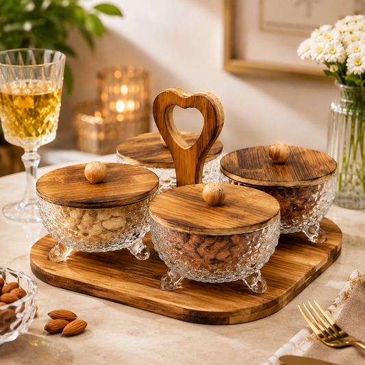 4-Piece Glass Serving Bowls Set with Wooden Caddy & Lids | FR HOUSEHOLDS