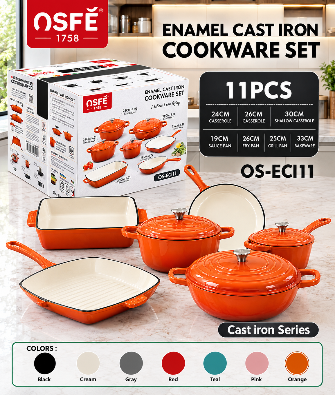 OSFĒ 11-Piece Enamel Cast Iron Cookware Set