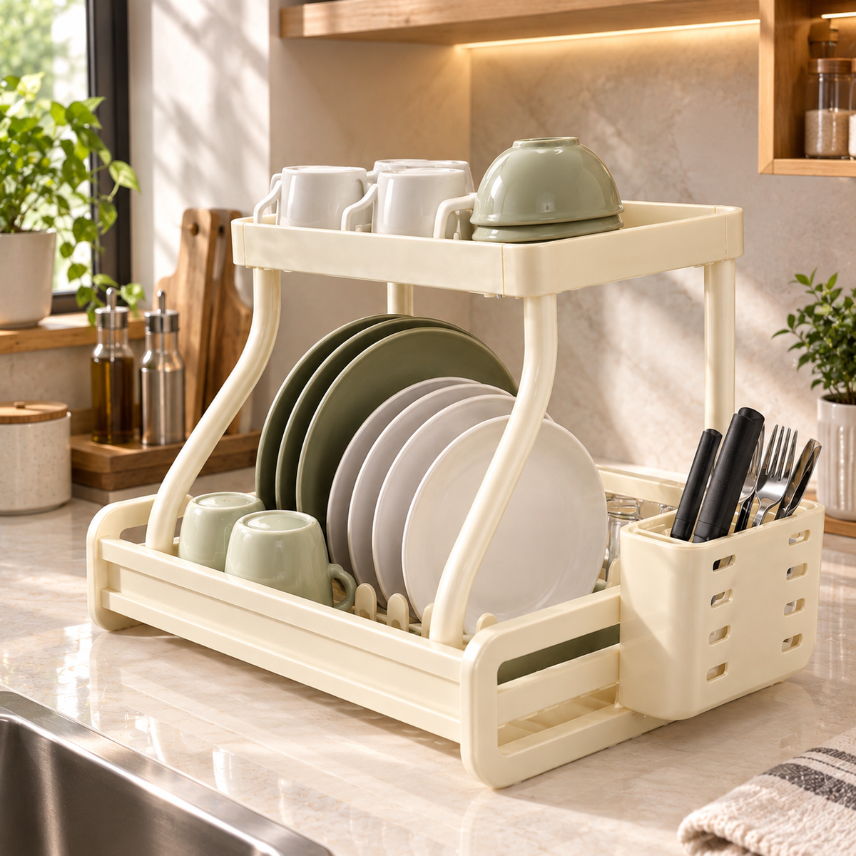 2-Tier Aluminium Dish Drying Rack with Cutlery Holder & Glass Hooks