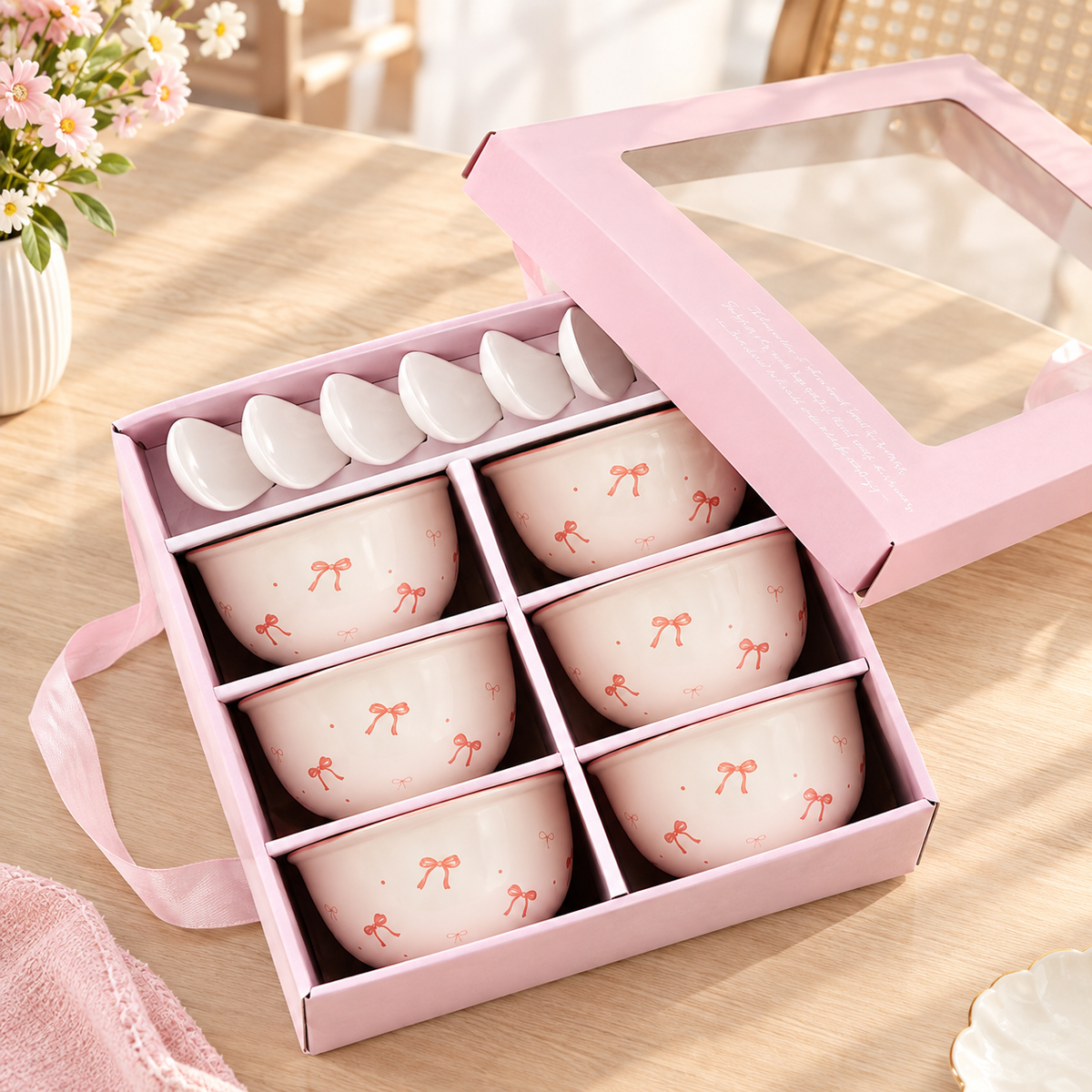 12-Piece Bow Ceramic Bowl & Spoon Gift Set with Pink Presentation Box