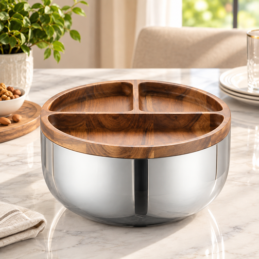 Dual-Serve Stainless Steel Bowl with 3-Compartment Solid Wood Platter Lid