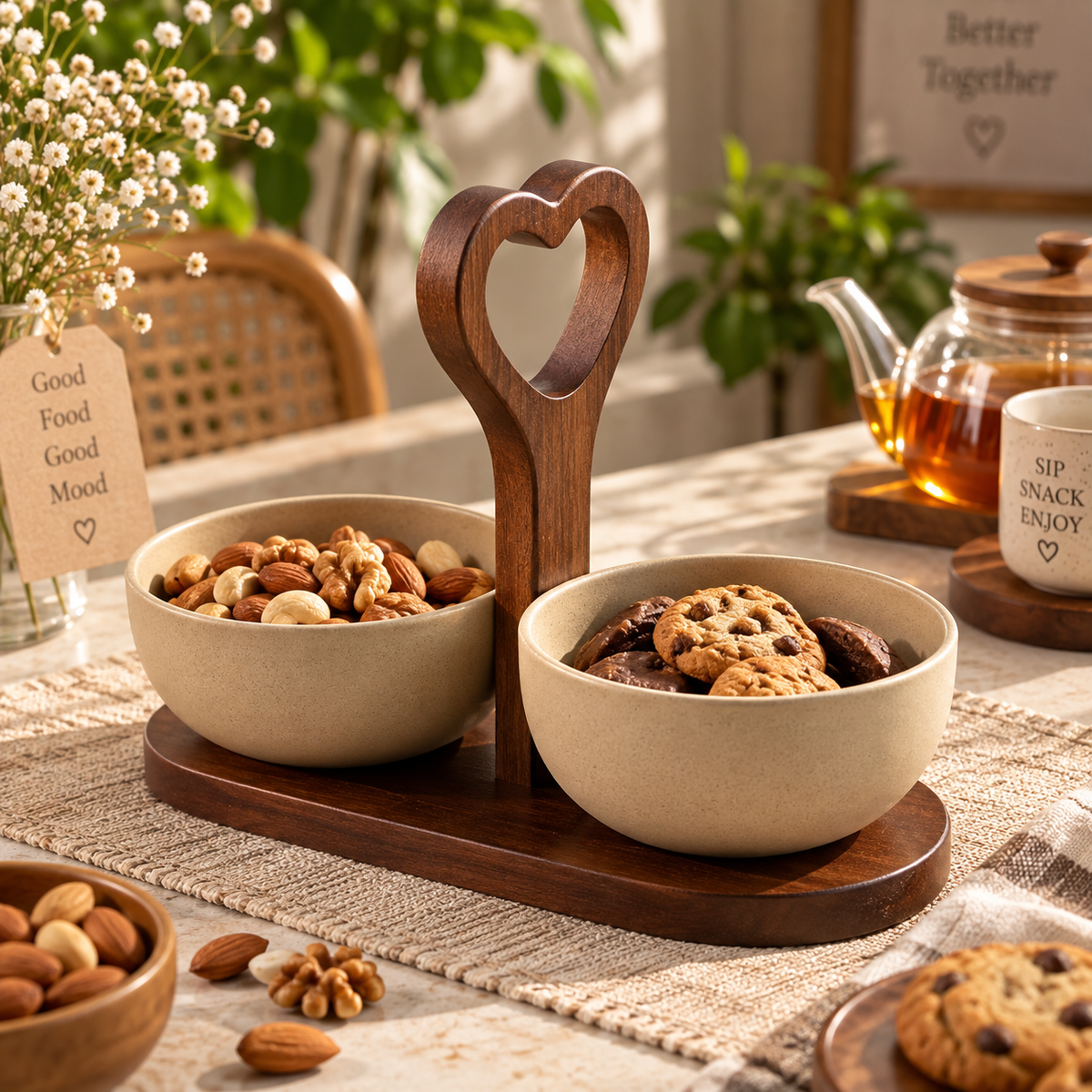 2 Bowl Snack Serving Tray with Heart-Shaped Handle