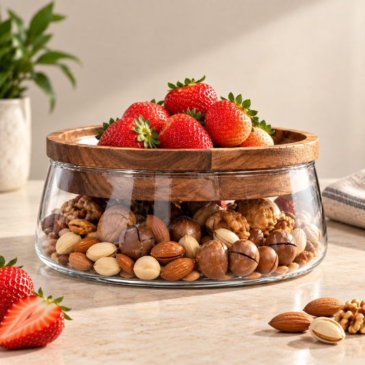 Round Glass Serving Bowl with Wooden Rim