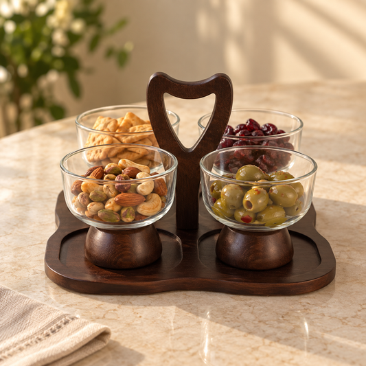 4 Bowl Glass Snack Serving Tray with Wooden Heart-Shaped Handle