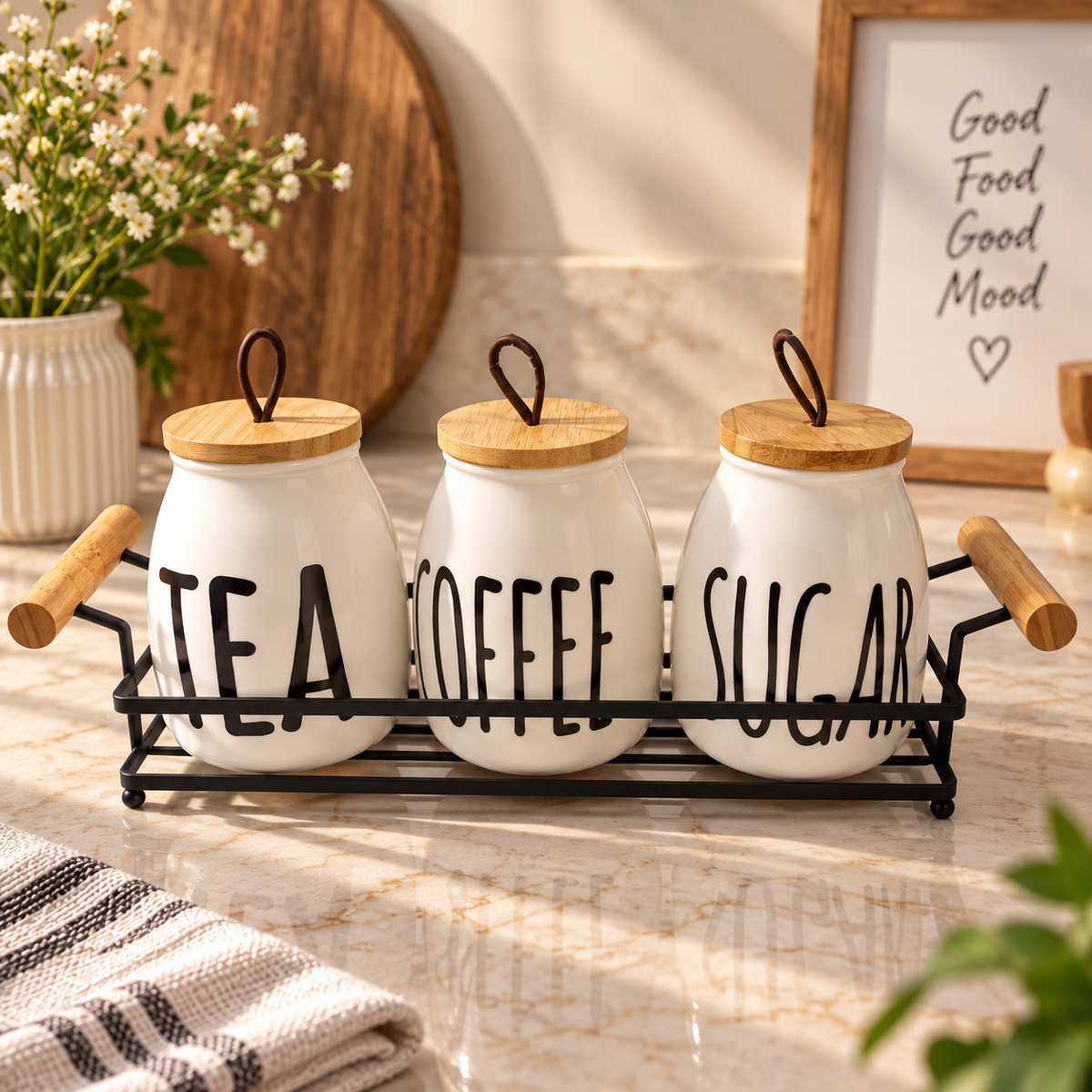 3 Pieces Tea Coffee Sugar Storage Set with Black Metal Tray