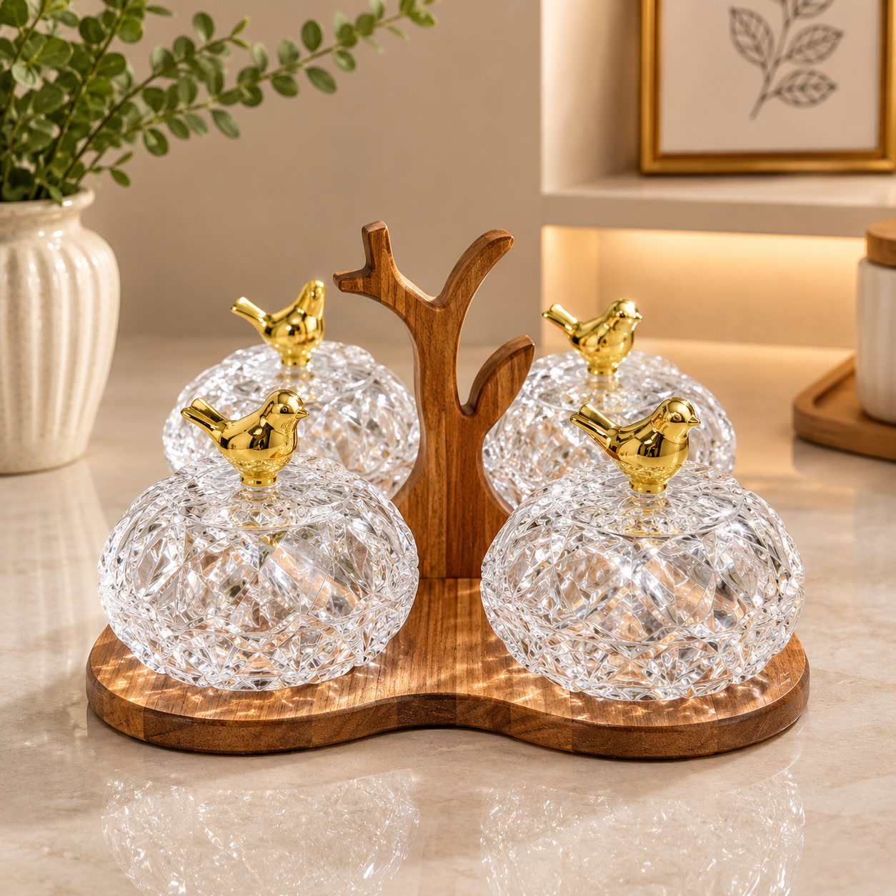 4-Piece Crystal Glass Dry Fruit Jar Set with Tree Wooden Stand & Bird Lids