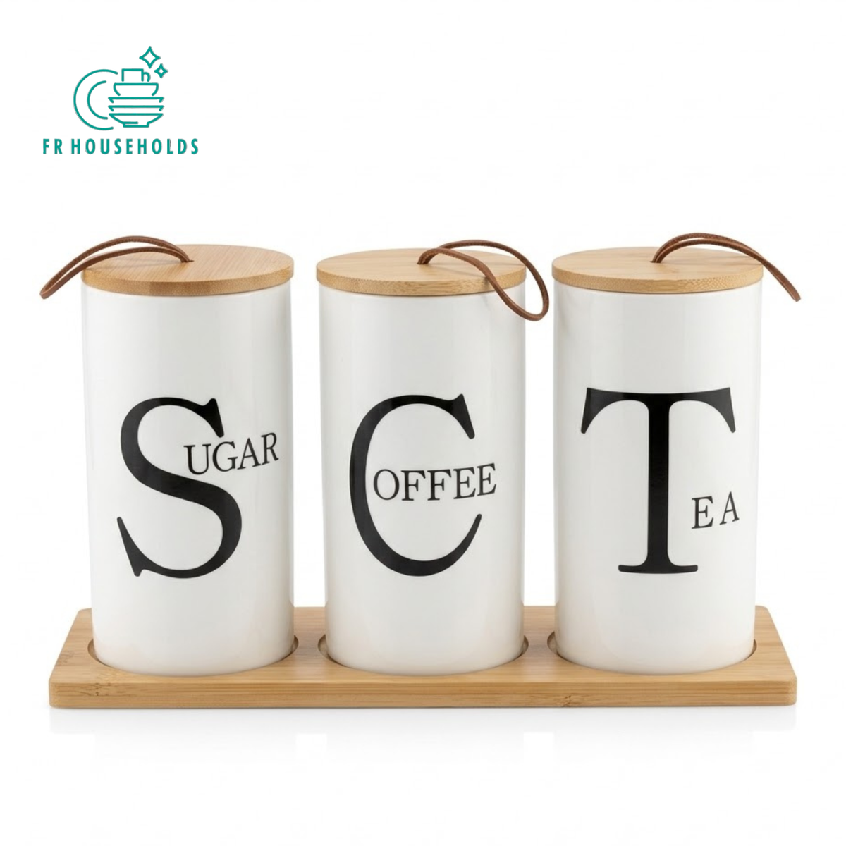 3-Piece Ceramic Sugar, Coffee, and Tea Canister Set with Wooden Tray & Lids