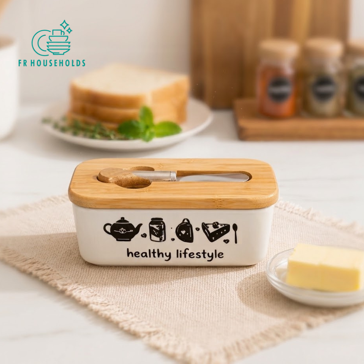Ceramic Butter Dish with Wooden Lid & Spreader Knife