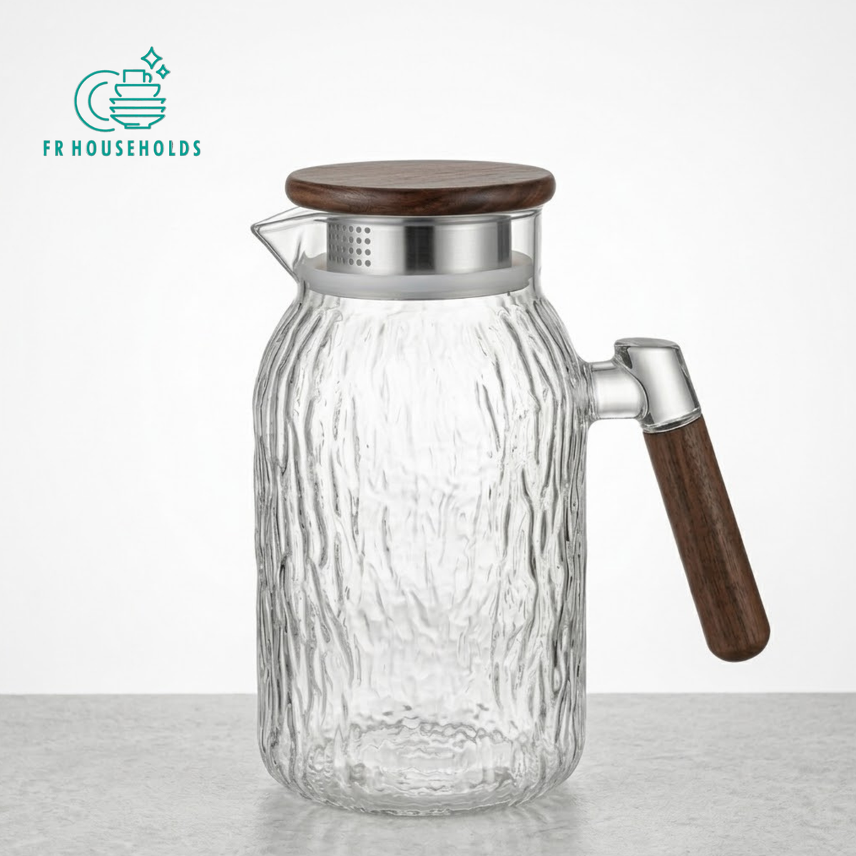 Textured Glass Water Pitcher & Tea Carafe with Wooden Lid and Handle | 1.5ltr