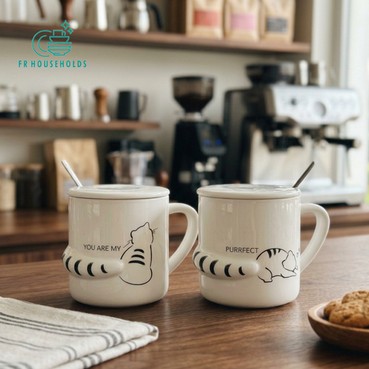Cat Ceramic Coffee & Tea Mug with | 1 Mug - 1 Lids - 1 Spoons