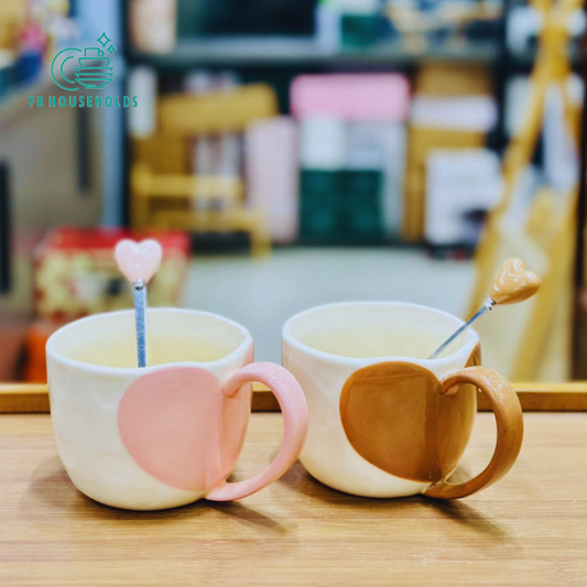 2-Piece Heart Motif Ceramic Coffee & Tea Mug Set with Matching Spoons