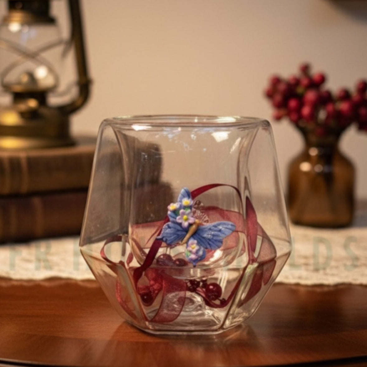 Double Wall Dried Ribbon Glass with Embossed Butterfly - 250ml