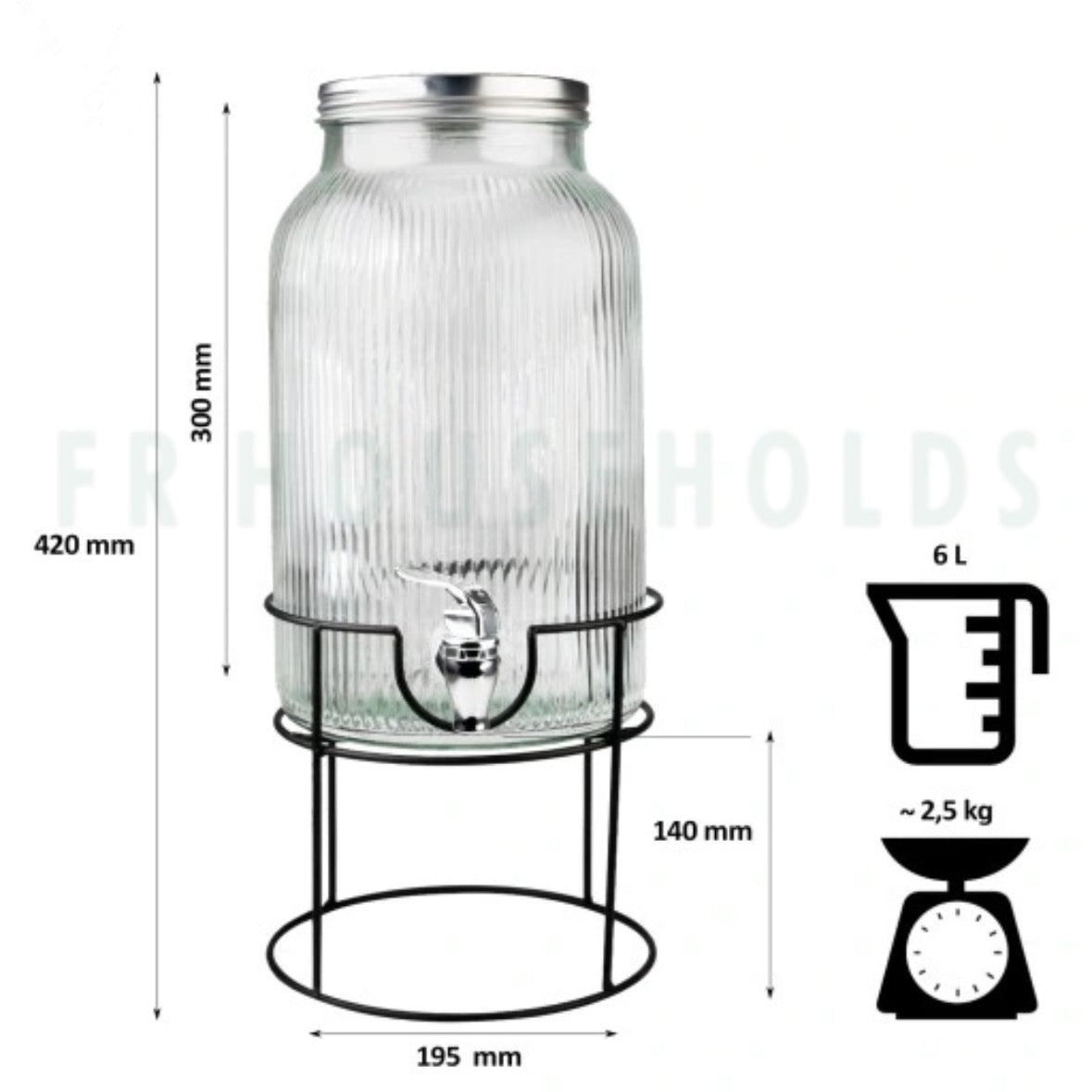 Berglander Glass Dispenser With Metal Stand And Steel Lid - 8ltrs