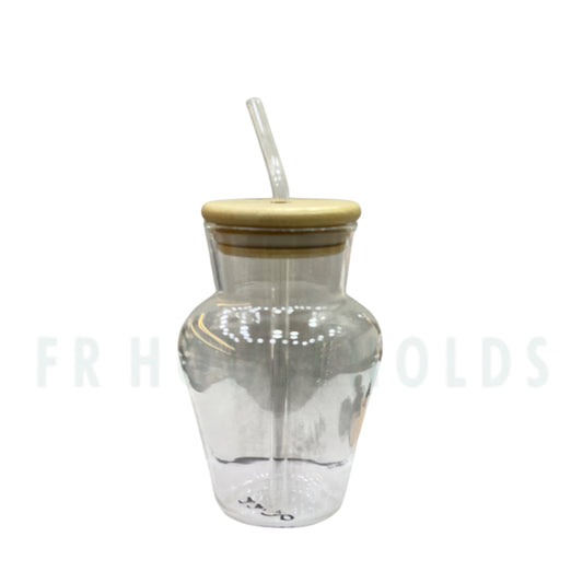 Ribbed And Plain Transparent Drinking Glass Tumbler with Bamboo Lid And Glass Straw | 450ml