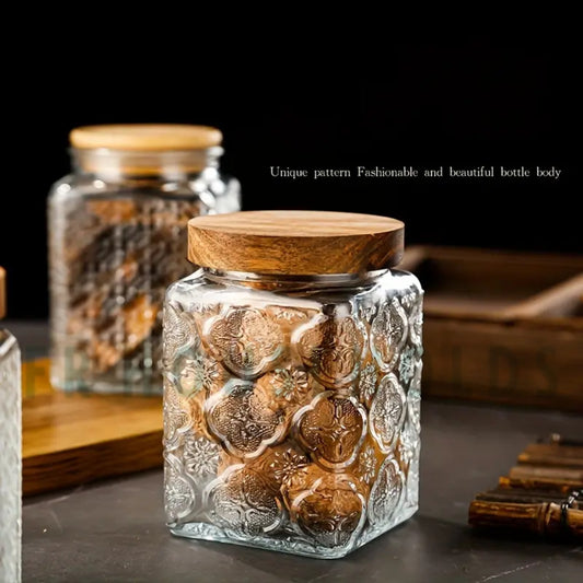 Vintage Pattern Glass Airlock Jar with Wooden Lid - 750ml - 24OZ | Square