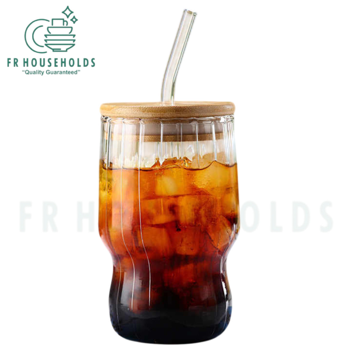 Ribbed And Plain Transparent Drinking Glass Tumbler with Bamboo Lid And Glass Straw | 400ml