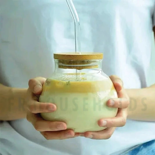 Round Globe Transparent Drinking Glass Tumbler with Bamboo Lid And Glass Straw | 400ml