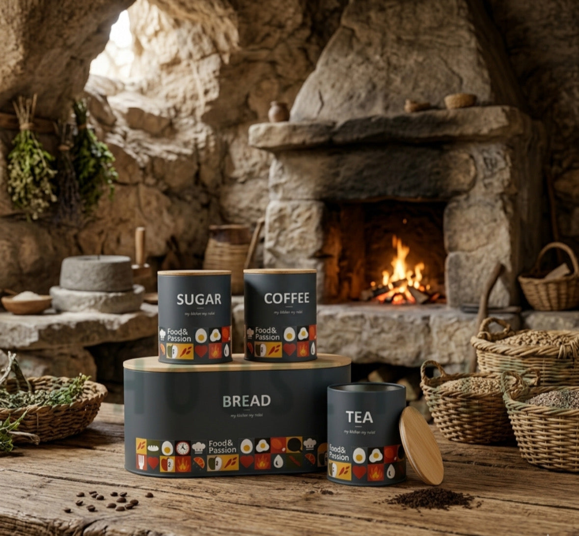 4-Piece Metallic Geometric Bread Box Set – Includes Matching Tea, Coffee & Sugar Canisters | Grey