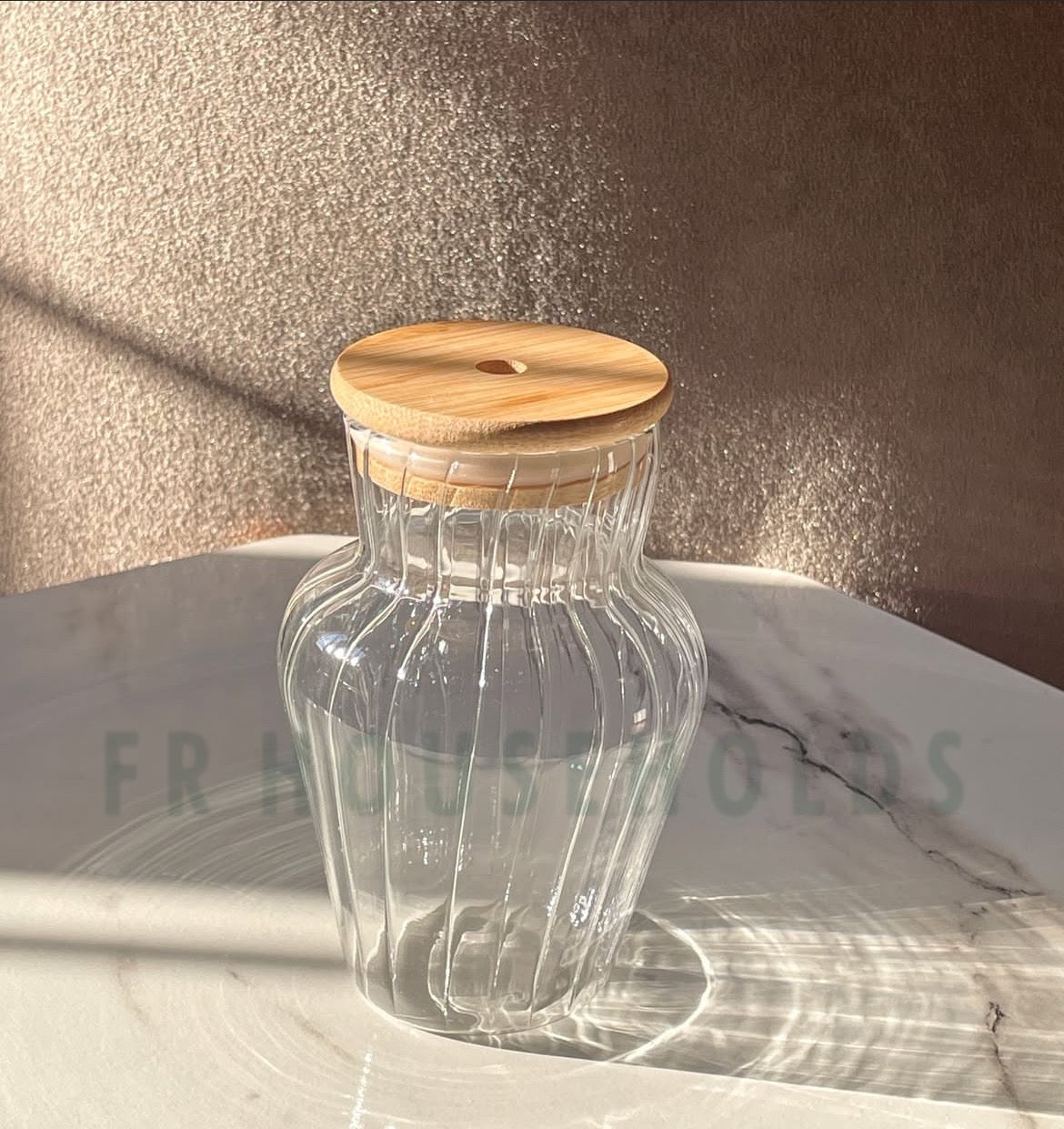 Ribbed And Plain Transparent Drinking Glass Tumbler with Bamboo Lid And Glass Straw | 450ml