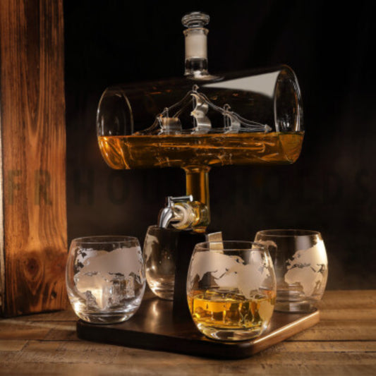 Luxury Ship-in-Bottle Wine & Whiskey Dispenser Set – 5-Piece Globe Glass Collection